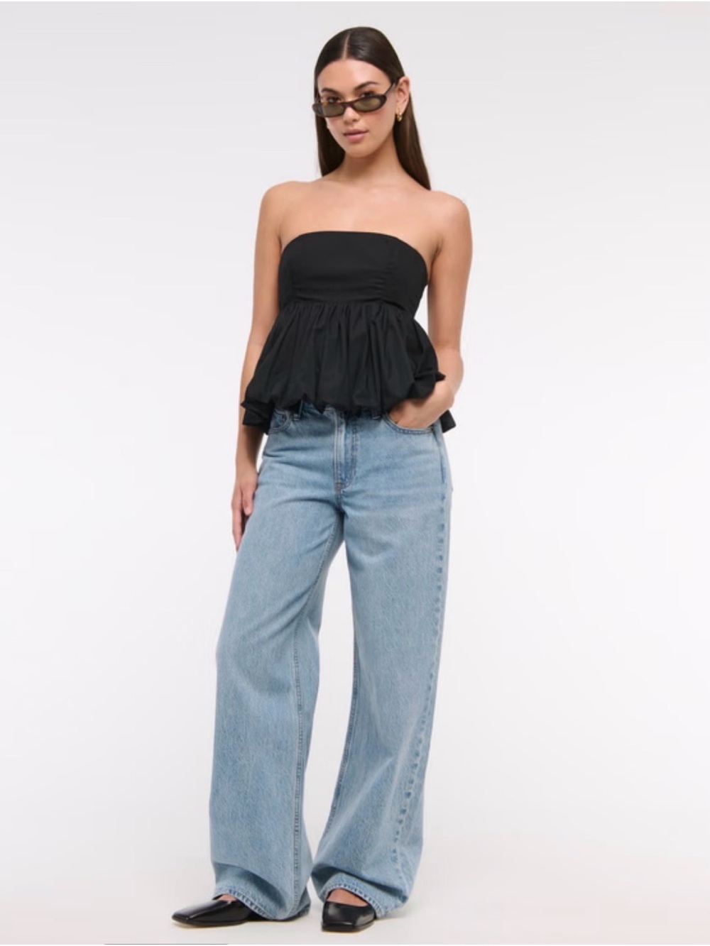 Black Strapless Bubble Hem Top